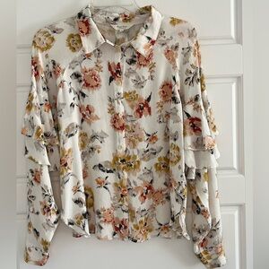 Part Two Womens Floral Long Sleeve Ruffle Button Up Cottagecore Blouse Size M